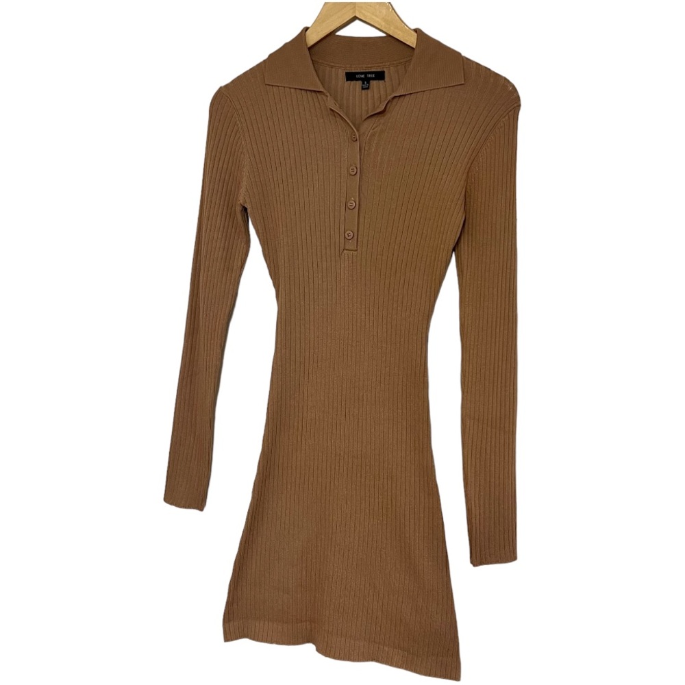 Bodycon Knit Long Sleeve Dress, Tan, Size Small